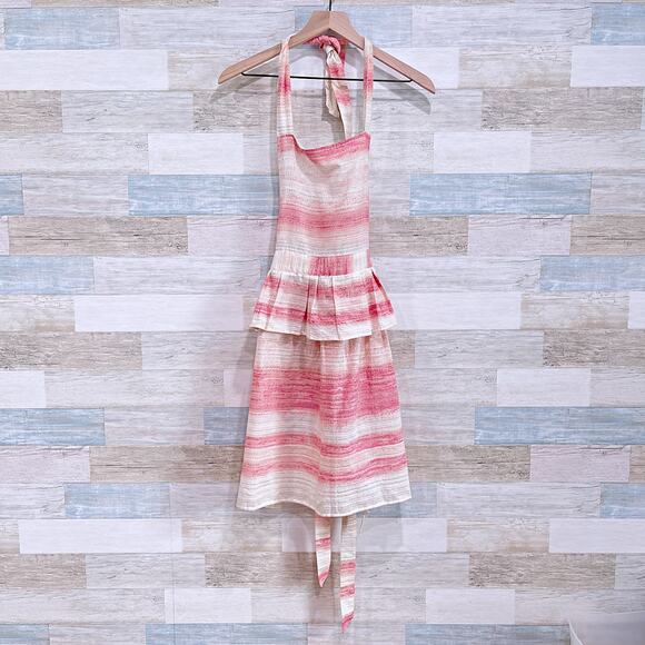 Anthropologie Ruffle Striped Apron Pink Cream Metallic Cotton Womens One Size OS - Picture 3 of 6